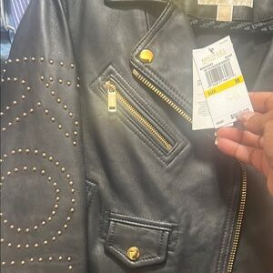 Michael Kors Black Leather Jacket with Gold Accents